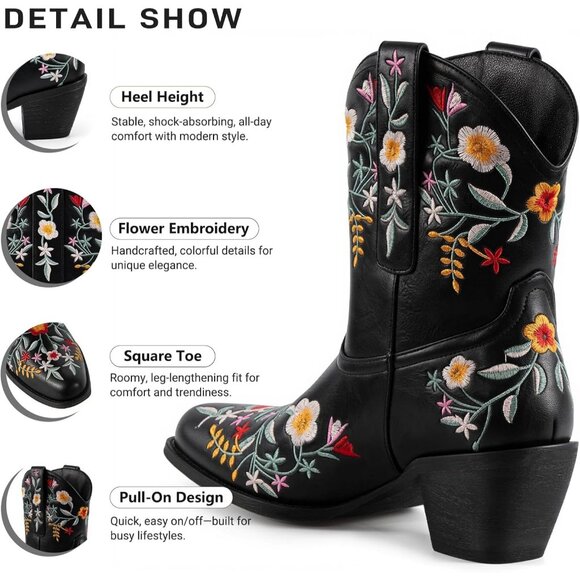 Women's Flower Embroidered Chunky Heel Ankle Snip Square Toe Western Boot Black - Picture 4 of 8